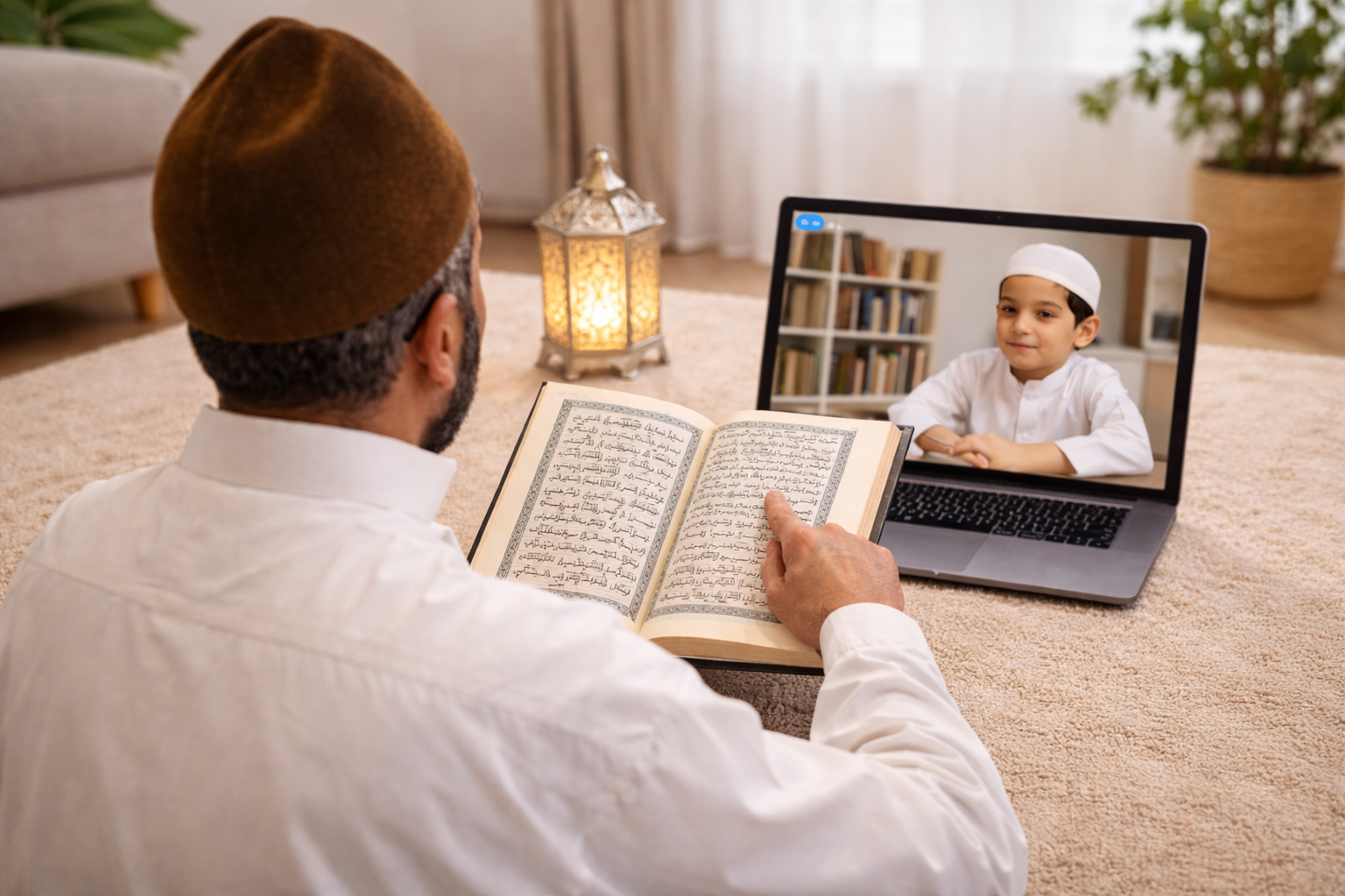 Tutor with Quran and laptop—online session with student on video call
